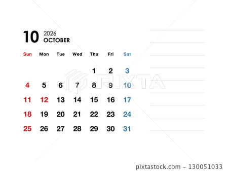 October 2026 calendar with notes October 2026 calendar with notes 130051033