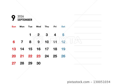 September 2026 calendar with notes September 2026 calendar with notes 130051034