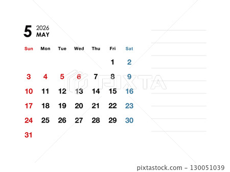 May 2026 calendar with notes May 2026 calendar with notes 130051039