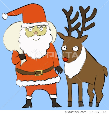聖誕老人和馴鹿帶著禮物(淺藍色背景) 聖誕老人和馴鹿帶著禮物(淺藍色背景) 130051163