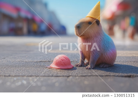whimsy and surrealism pastel-colored capybara standing on a city street, sporting an upside-down ice cream cone on its head like a quirky little hat. dreamy magical appearance. summertime vibes 130051315
