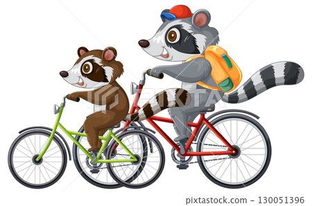 Raccoon Parent and Child Riding Bicycles Together 130051396