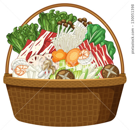Basket of Fresh Vegetables and Mushrooms Illustration 130051398