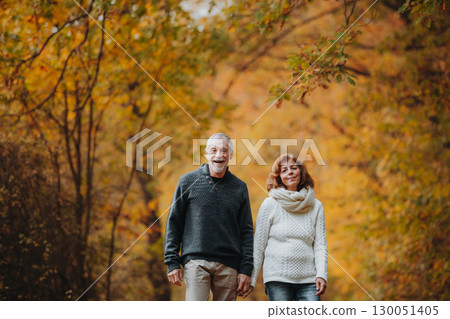 Elderly couple walking hand in hand through autumn forest 130051405