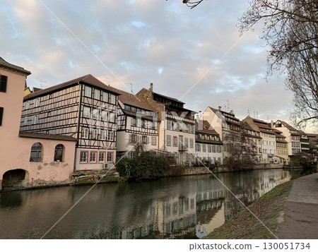 Winter sunset at La Petite France, a World Heritage Site in Strasbourg 130051734