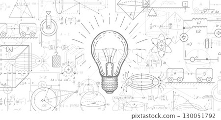 Glowing light bulb concept. School background in physics and mathematics . Formulas and drawings.Vector illustration. Glowing light bulb concept. School background in physics and mathematics . Formulas and drawings.Vector illustration. 130051792