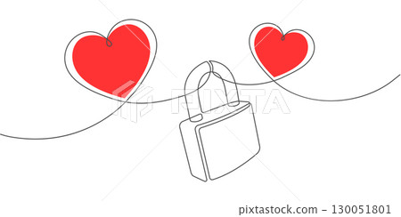 Two red hearts. Love concept. Valentine's Day. The padlock. One line drawing. Vector illustration. 130051801
