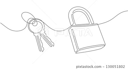 Security lock. Keys. Protection of data, information, website.Continuous line drawing of padlock.Vector illustration. 130051802