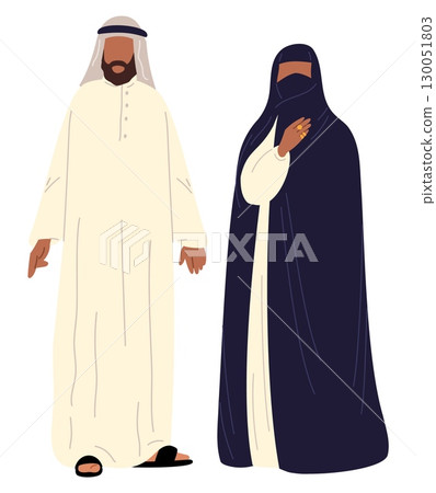 Arab woman in burqa and man in traditional Muslim dress. Arabian people clothing. Saudi and Qatar national outfit. Islamic couple. Standing Emirates male and female. Vector concept 130051803