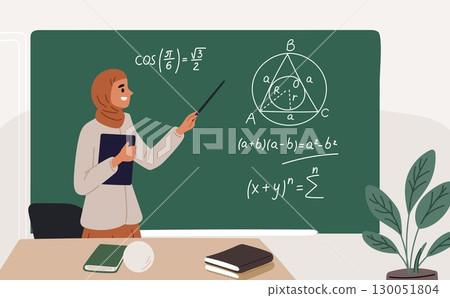 Arab woman teacher in Muslim national dress stands with pointer near blackboard. Professor at chalkboard. School classroom. Mathematics education. Islamic female teaching. Vector concept 130051804