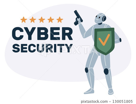 Armed robot with shield. Cyber security and electronic defense. AI technologies. Artificial intelligence for network protection. Android with gun protecting software. Vector concept 130051805