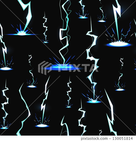 Electrical discharges on dark background. Lightning striking ground. Thunder with sparks hit effects. Thunderstorm print. Electricity impact. Thunderbolt flashes. Vector seamless pattern 130051814