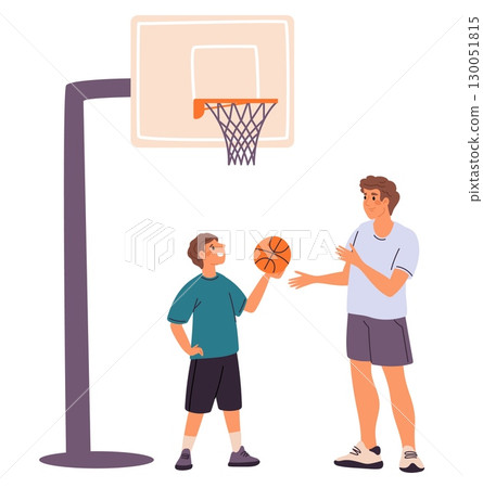 Father and son in sportswear playing basketball on sports court. Dad and boy together at playground. Streetball game. Family leisure and fun. Throw ball into basket. Vector concept Father and son in sportswear playing basketball on sports court. Dad and boy together at playground. Streetball game. Family leisure and fun. Throw ball into basket. Vector concept 130051815