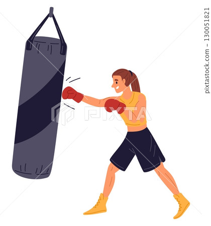 Female boxer practicing martial arts. Woman athlete hits on punching bag. Kickboxer knockout and uppercut training. Young sportsman doing fight exercise. Athletic workout. Vector concept Female boxer practicing martial arts. Woman athlete hits on punching bag. Kickboxer knockout and uppercut training. Young sportsman doing fight exercise. Athletic workout. Vector concept 130051821