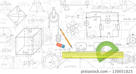 School background. Formulas and drawings. Scientific research. Physics and mathematics .Vector illustration. 130051825