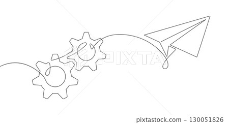 Business concept. Gears. Paper airplane is flying.One line drawing.Vector illustration Business concept. Gears. Paper airplane is flying.One line drawing.Vector illustration 130051826