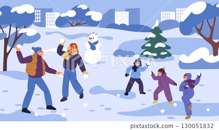 Friendly happy family playing snowballs and having fun in winter city park. Cold season leisure. People walking in frozen nature. Parents and children throwing snowy balls. Vector concept 130051832
