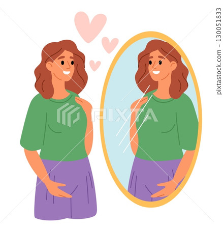 Girl admires her reflection in mirror. Self esteem and harmony with herself. Attractive woman looking at appearance. Confident person. Beauty acceptance. Narcissist lady. Vector concept 130051833