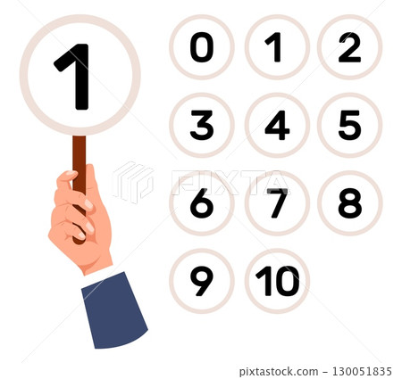 Hand holds plate with numbers. Plates with scores from 0 to 10 for voting. Numeral icons showing. Contest evaluation. Vote board. Rate scorecard. Auction mark. Grade cards vector set Hand holds plate with numbers. Plates with scores from 0 to 10 for voting. Numeral icons showing. Contest evaluation. Vote board. Rate scorecard. Auction mark. Grade cards vector set 130051835