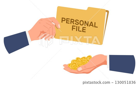 Hand of coins buys folder of personal information. Selling classified info or dossier on competitor. Cyber hacking. Confidential data phishing. Document folder. Money pay. Vector concept Hand of coins buys folder of personal information. Selling classified info or dossier on competitor. Cyber hacking. Confidential data phishing. Document folder. Money pay. Vector concept 130051836