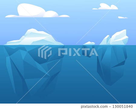 Large and small icebergs with big underwater portions floating in cold ocean waters. Arctic ice rocks. Drifting polar bergs. Frozen glaciers in aqua. Vector Antarctic seascape background 130051840