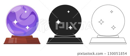 Magic ball for divination. Line or silhouette fortunetelling isolated symbols. Oracle glass spheres. Future prediction. Gypsy or witch globes. Vector set of different types of icons 130051854
