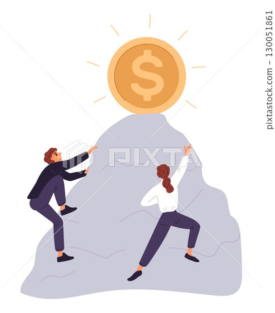 Man and woman trying hard to climb to top of mountain. People reach to gold big coin. Businessman overcoming obstacles. Career competition. Vector concept of achieving higher income 130051861