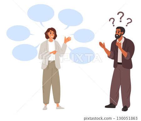 Man doesnt understand what woman is talking about. Verbal communication problem. Lack of understanding. Translation failure. Foreign language. People misunderstanding. Vector concept 130051863