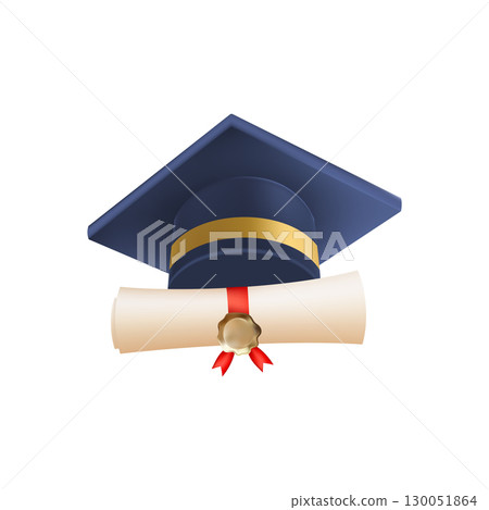 3d diploma scroll with graduate hat. Vintage roll paper 130051864