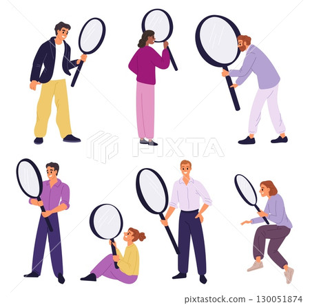 Men and women looking through big magnifying glasses. People search and explore with magnifier. Education study. Science exploration. Inspection and investigation. Vector explorers set 130051874