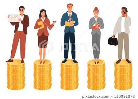 Men and women standing on stacks of gold coins. Gender equality and equity. Money income. Office workers equal pay. Salaries comparison. Earnings fairness. Wage payments. Vector concept Men and women standing on stacks of gold coins. Gender equality and equity. Money income. Office workers equal pay. Salaries comparison. Earnings fairness. Wage payments. Vector concept 130051878