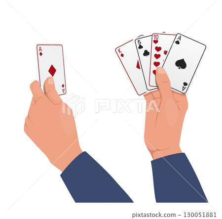 Mens hands holding playing cards. Poker game combination. Vegas gambling. Man showing ace. Blackjack bets. Gamble win jackpot. Casino gambler. Human arms. Gaming spade fan. Vector concept Mens hands holding playing cards. Poker game combination. Vegas gambling. Man showing ace. Blackjack bets. Gamble win jackpot. Casino gambler. Human arms. Gaming spade fan. Vector concept 130051881
