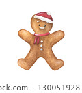 Gingerbread man with Santa hat and scarf. Watercolor illustration of a Christmas Cookies. Hand drawn biscuit sketch on white isolated background. Water color painting art image 130051928