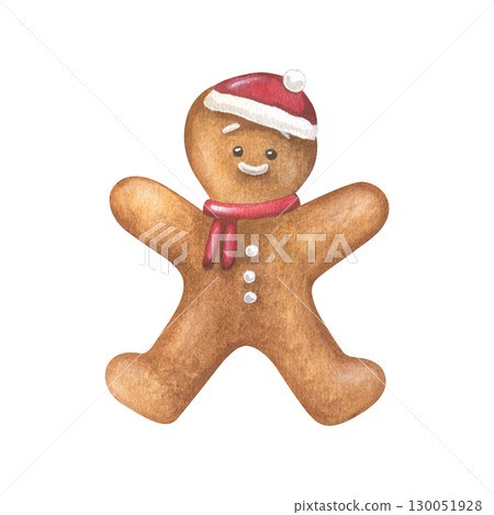 Gingerbread man with Santa hat and scarf. Watercolor illustration of a Christmas Cookies. Hand drawn biscuit sketch on white isolated background. Water color painting art image 130051928