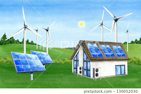 Solar panels on house, Wind turbine on green field, Inverter heat pump. Watercolor landscape, blue sky, sun with Renewable generator energy. PV battery, windmill. Alternative electricity illustration 130052030
