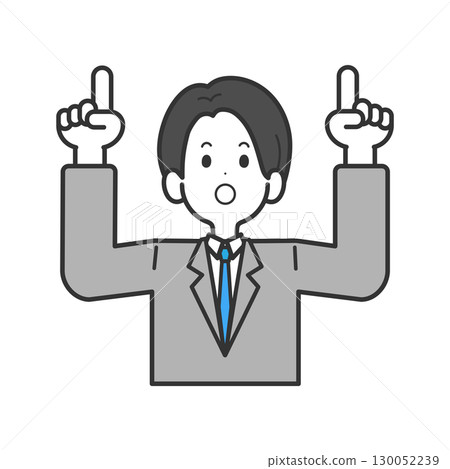 Vector illustration of a man in a suit pointing up with both hands 130052239