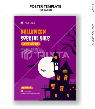 Halloween Night Celebration Vertical Poster Template with Flat Cartoon Hand-Drawn Background 130052451