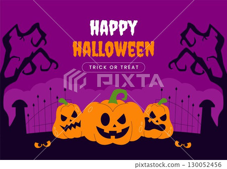 Halloween Night Festival Social Media Graphic Template in Flat Cartoon Style Background 130052456