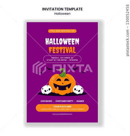 Happy Halloween Festival Invitation Template Flat Cartoon Hand-Drawn Illustration 130052458