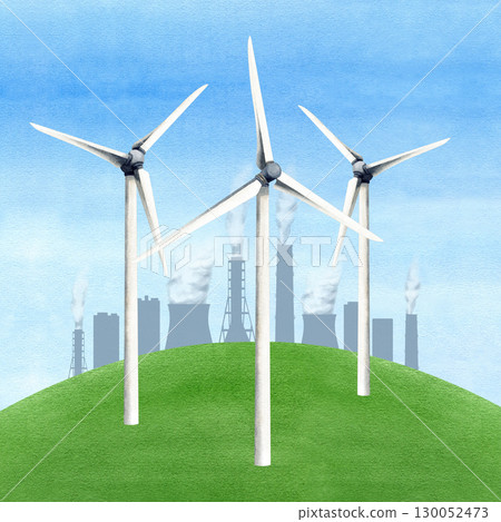 Wind turbines on green hill against grey industrial city factories, smoke stack. Windmills, field. Alternative renewable energetic source. Watercolor illustration environmental protection concept 130052473