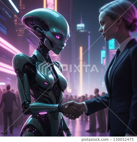 一名穿著西裝的女子與外星人握手 130052475