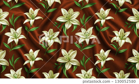 Floral pattern of white lilies on vibrant red silk fabric creates an elegant and striking visual texture 130052580