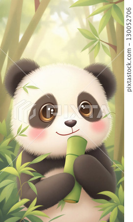 Kawaii panda enjoying bamboo in a peaceful nature setting 130052706