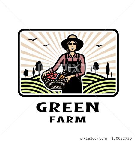 Farmer girl with a basket of vegetables. Farmer girl with a basket of vegetables. 130052730
