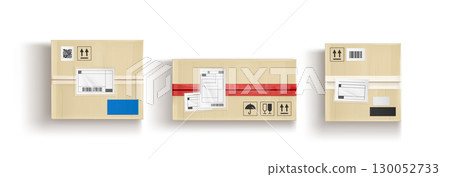 Cardboard box top view with shipping labels 130052733