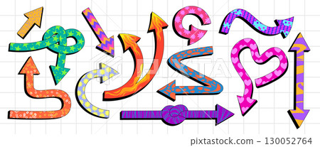 Playful retro arrow set with colorful patterns 130052764