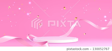 Pink ribbon podium with flowing silk fabric 130052767