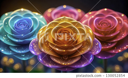 Colorful roses with water droplets illuminated in a garden at night showcasing vibrant hues and delicate beauty 130052854