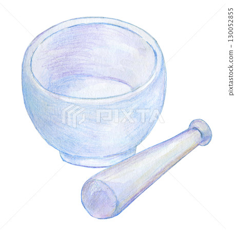 Watercolor illustration laboratory equipment mortar and pestle 130052855