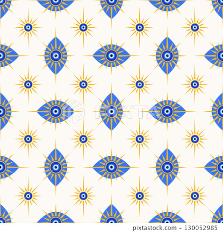 Evil eye seamless pattern. Turkish vector background with blue magic bead. Greek wallpaper with nazar ornament. Abstract amulet - symbol of protection and luck. Mystic energy design 130052985